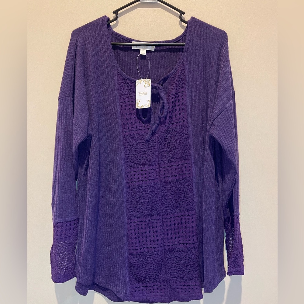 NWT Purple 1X Suzanne Betro weekend sweater with lace accents.